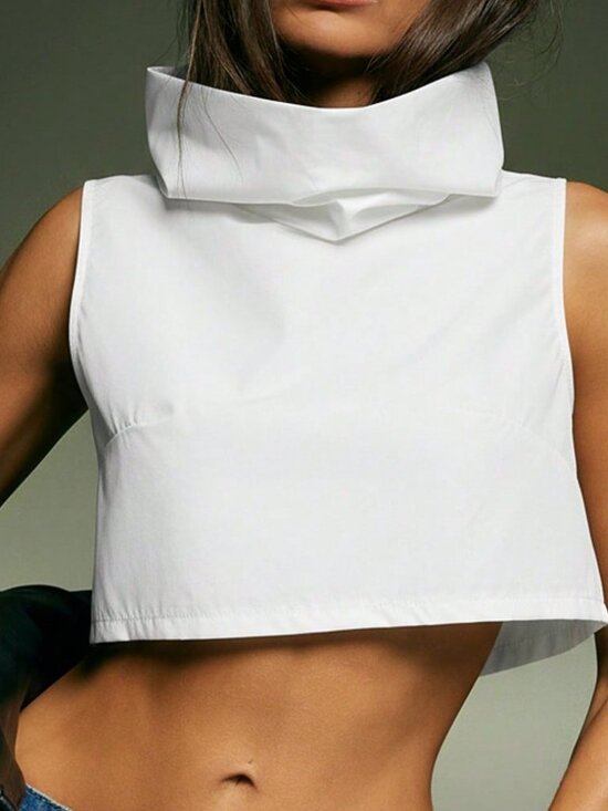 MODA ME COUTURE Tops - White Casual Women's Cropped Sleeveless Exaggerated Neck Top